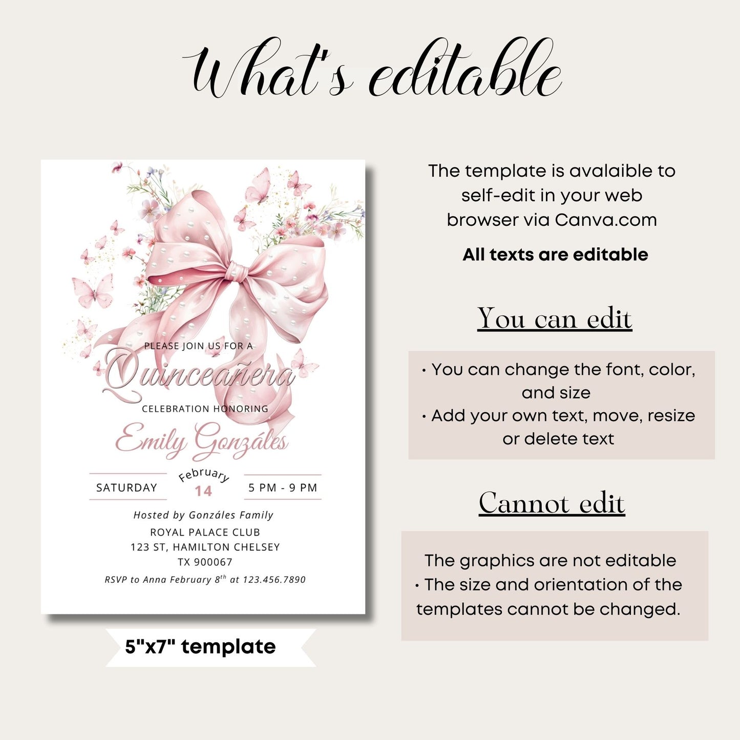 Quinceañera invitation template with pink bow and floral elements, displayed on a white background.