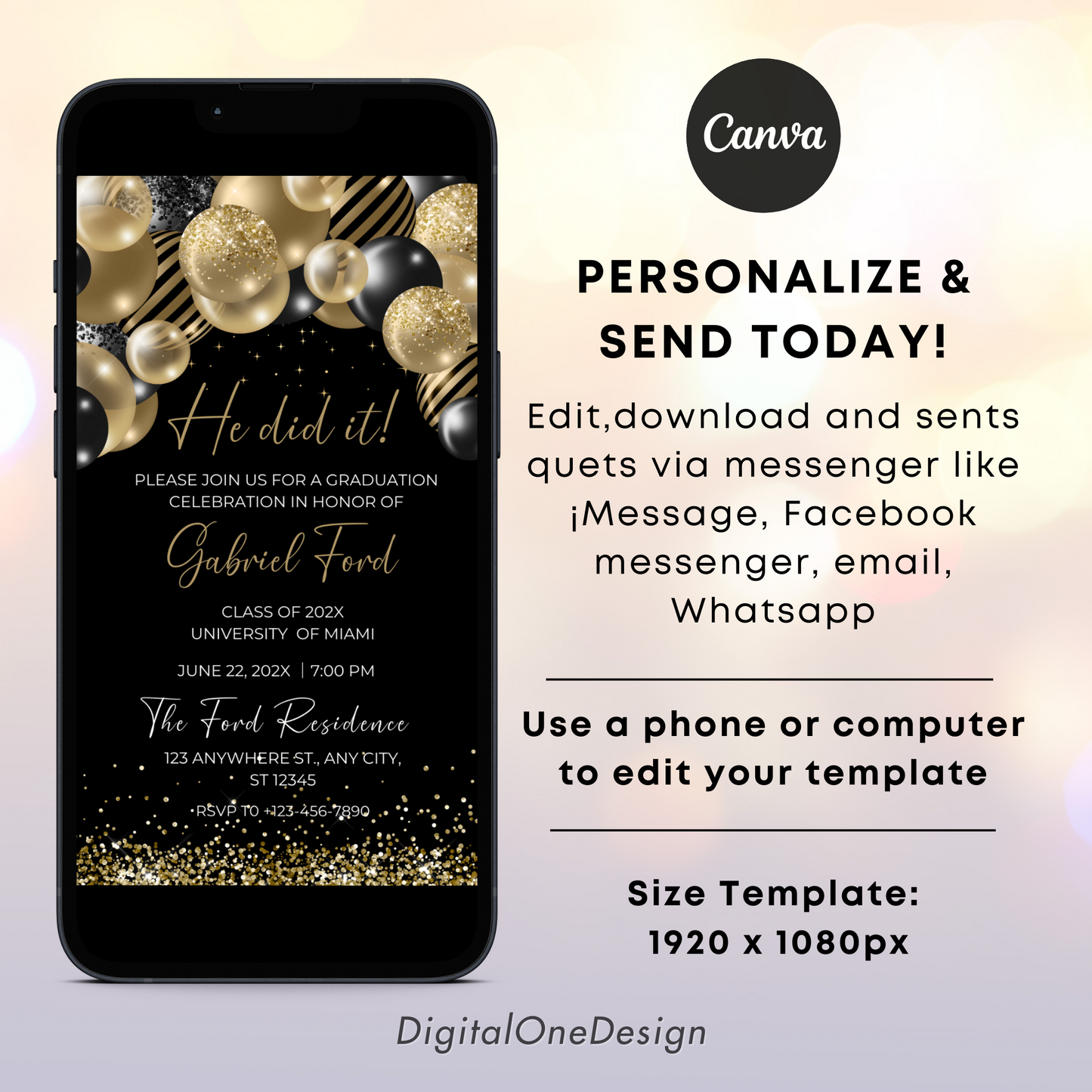 Editable Gold & Black Balloons Graduation Invite Template