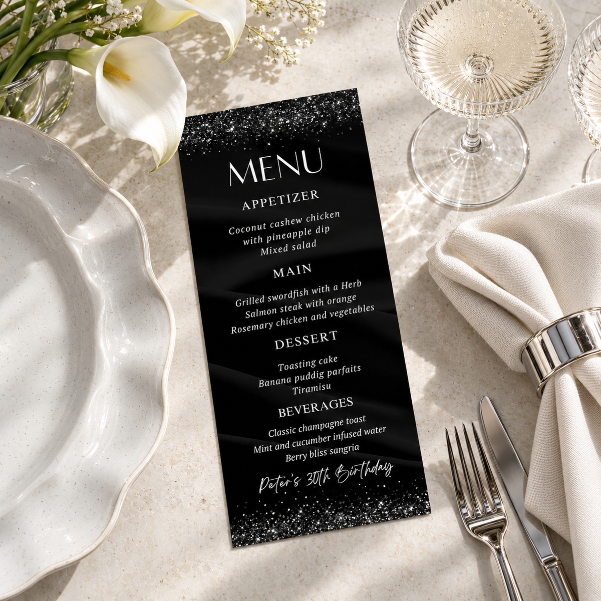 Elegant Black & Silver Birthday Menu Template displayed on a table with dishes and glasses, perfect for a formal celebration.