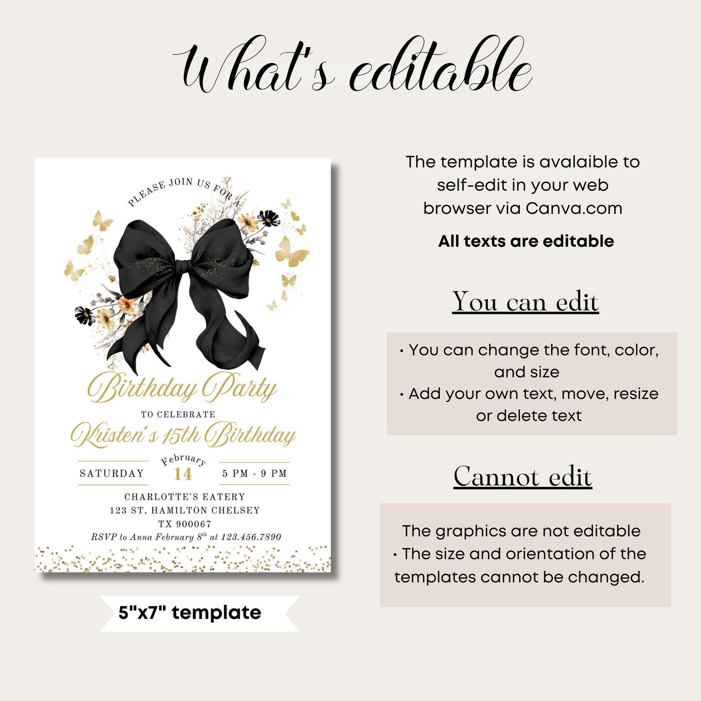 Elegant Black Bow Coquette 15th Birthday Invitation Template, editable template Canva