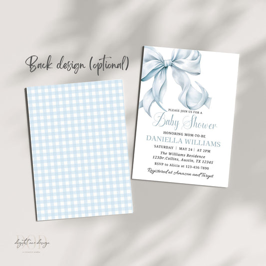 Baby shower invitation with blue bow design on a light gray background