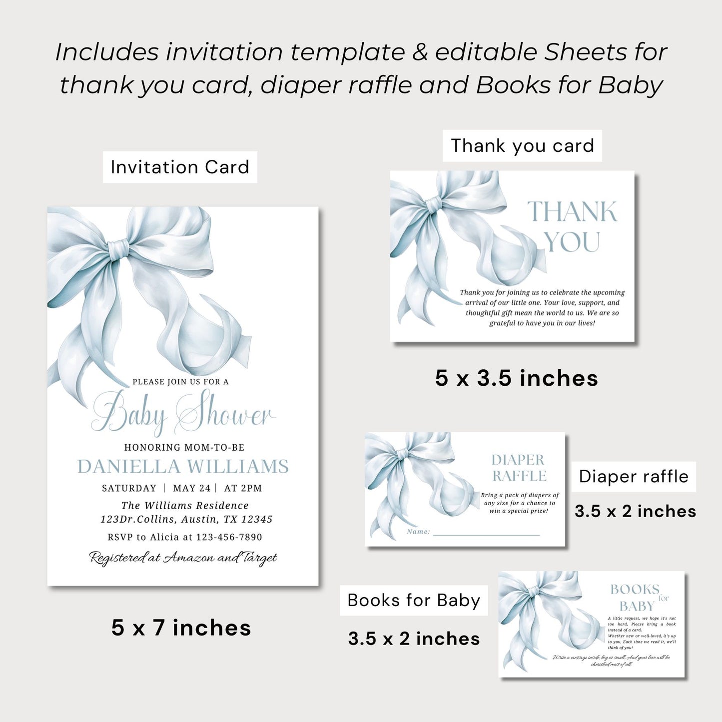 Baby shower invitation set with editable sheets for thank you card, diaper raffle, and books for baby.