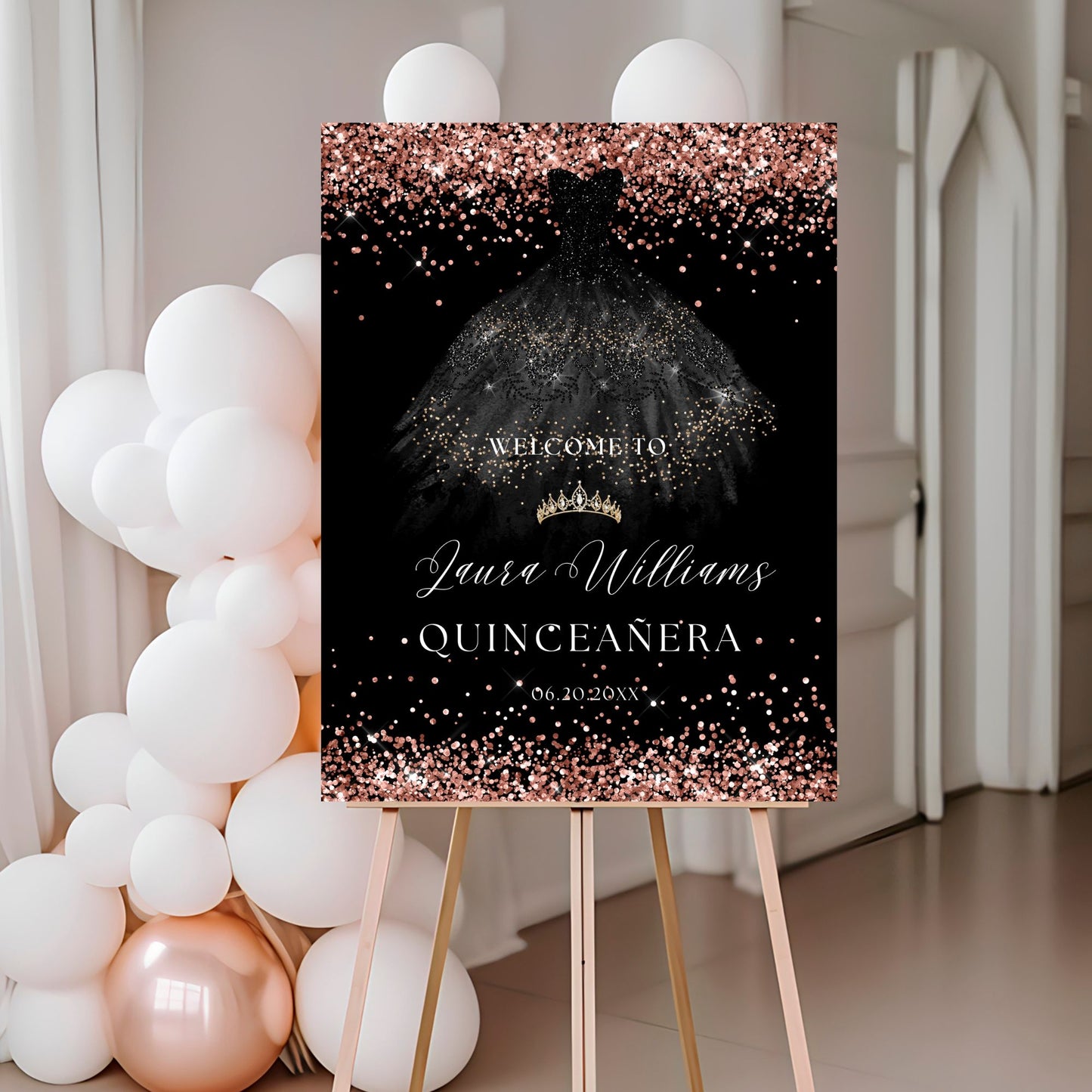 Rose Gold Glitter Quinceanera Party Welcome Sign