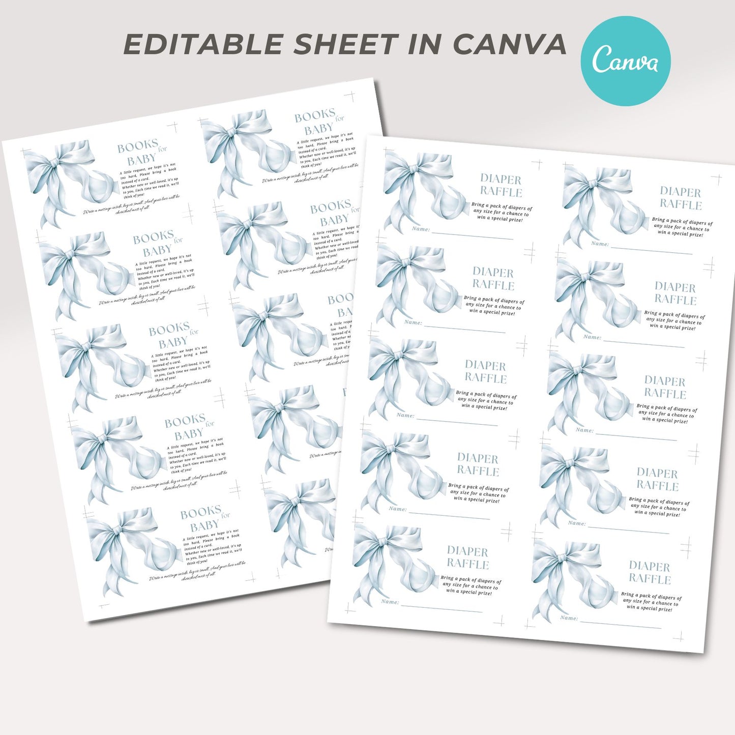 Two sheets of baby shower invitation templates with blue bows on a white background, featuring Canva branding.