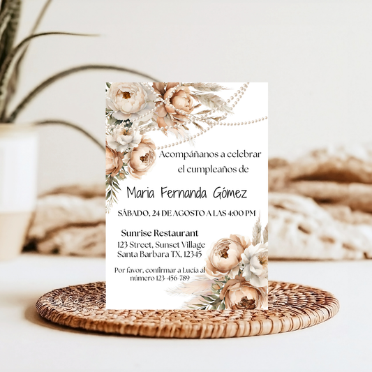 Elegant Spanish Boho and Pearls Birthday Invitation
