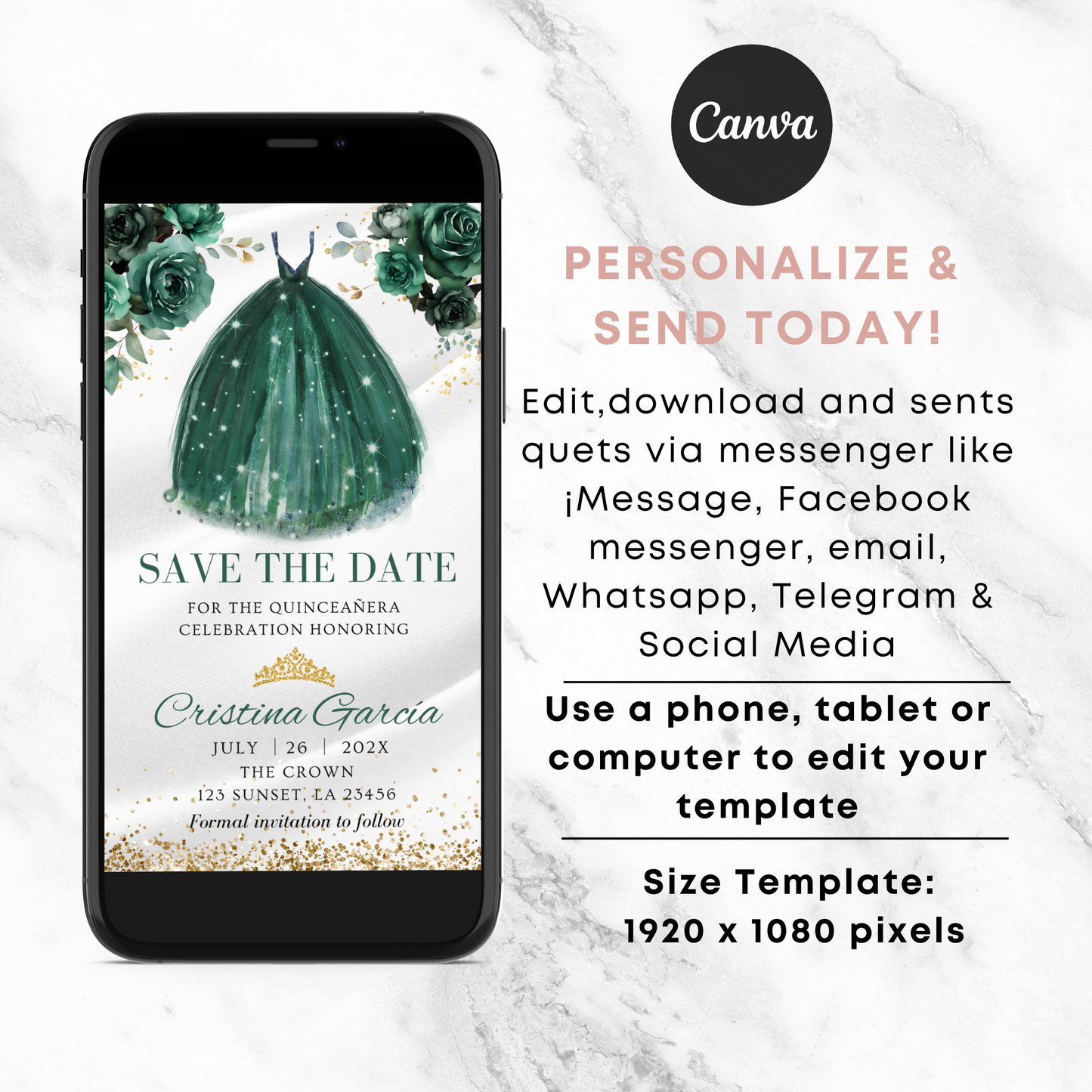 Electronic Emerald Green Gold Dress princess with flowers save the date invitation editable template
