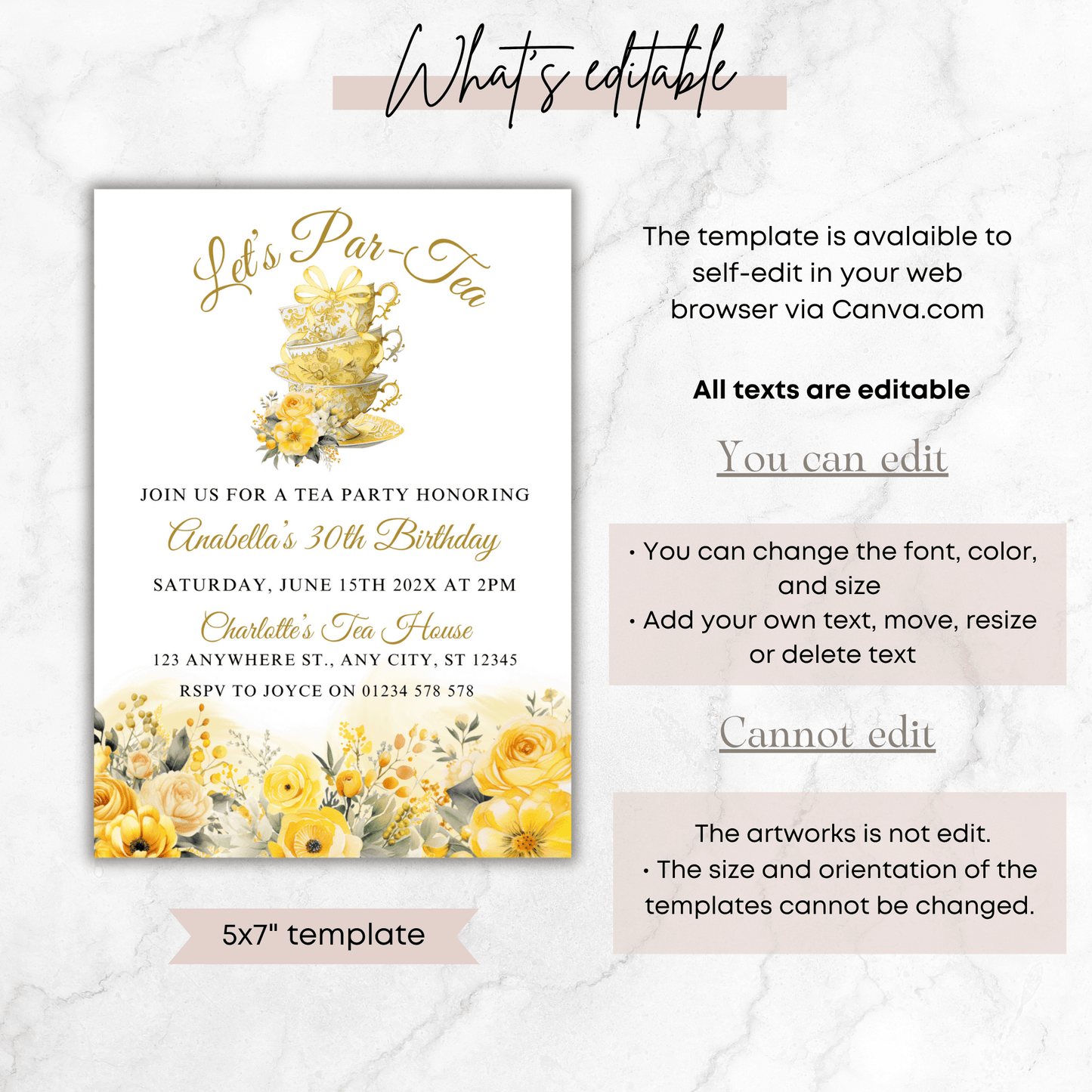 Editable Let's par-tea Birthday Invitation template