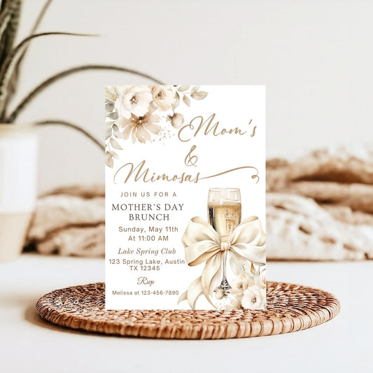 Elegant Mother's Day Brunch Invitation with Bow and Champagne