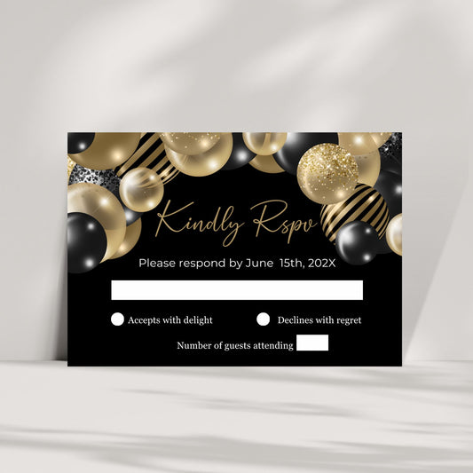 Black RSVP card with gold and black balloons on a white background