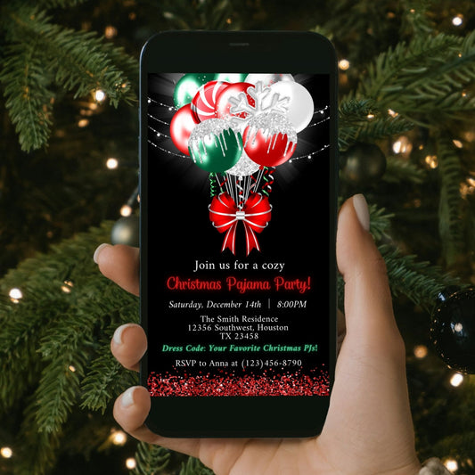 Christmas Pajama Party Invitation with Candy Cane Balloons