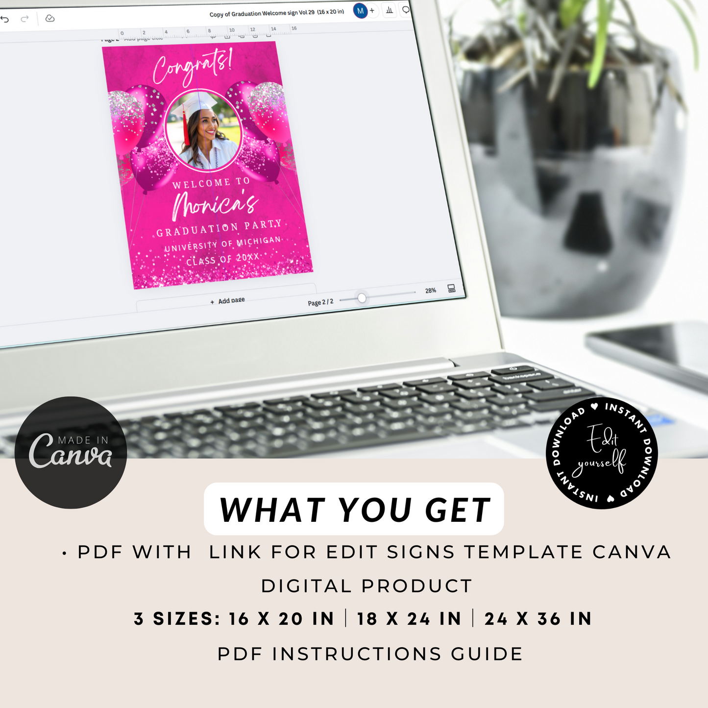 Hot Pink Graduation Welcome Sign with Photo, Class of 2025 Party Poster, Pink Grad Celebration Decor, Printable Entrance Sign