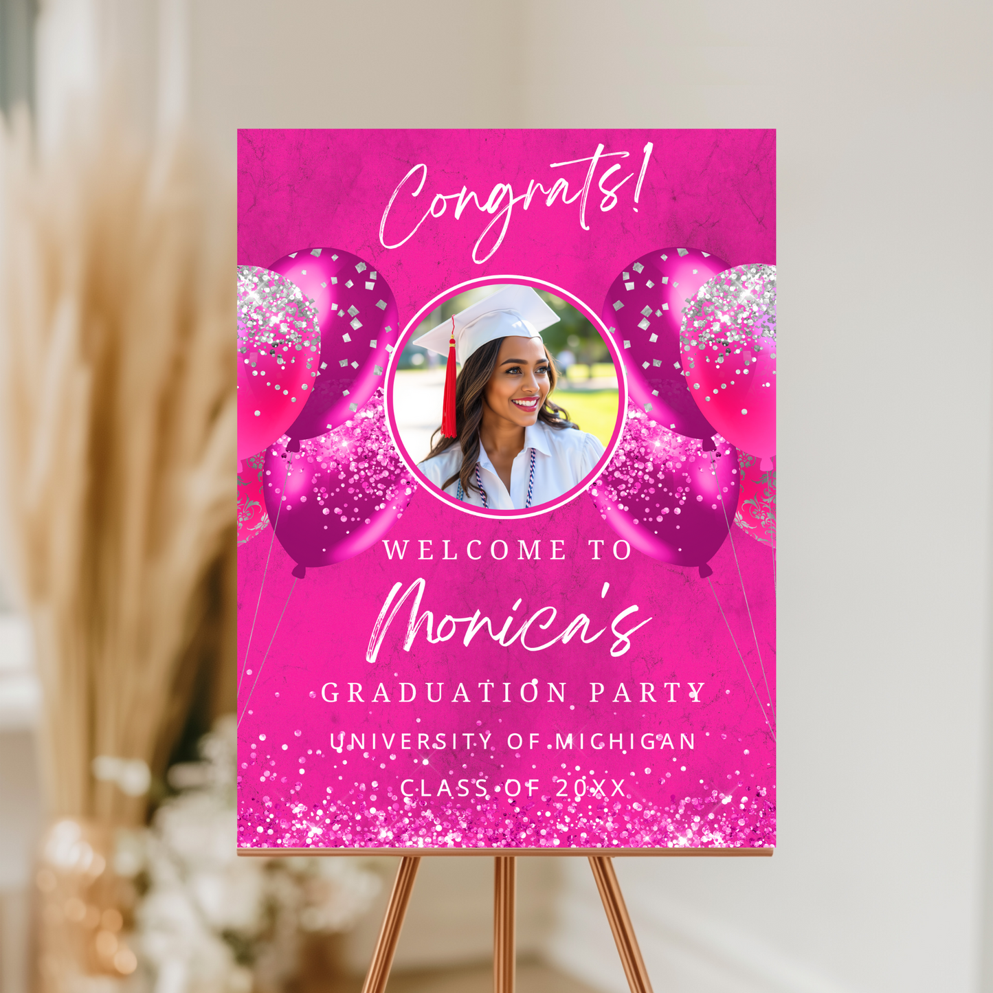 Hot Pink Graduation Welcome Sign with Photo, Class of 2025 Party Poster, Pink Grad Celebration Decor, Printable Entrance Sign