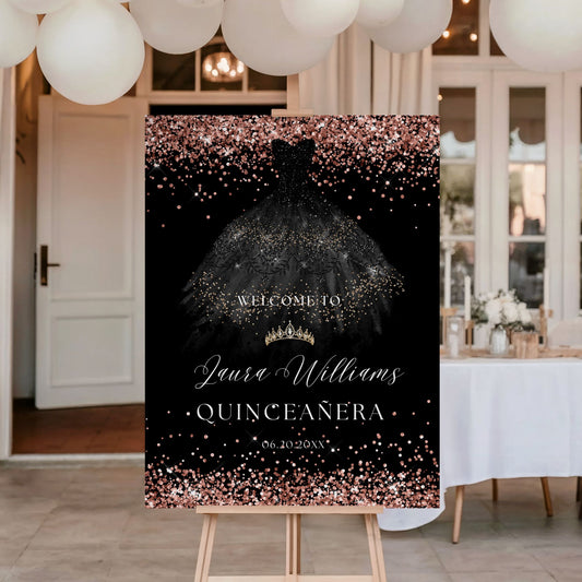 Rose Gold Glitter Quinceanera Party Welcome Sign