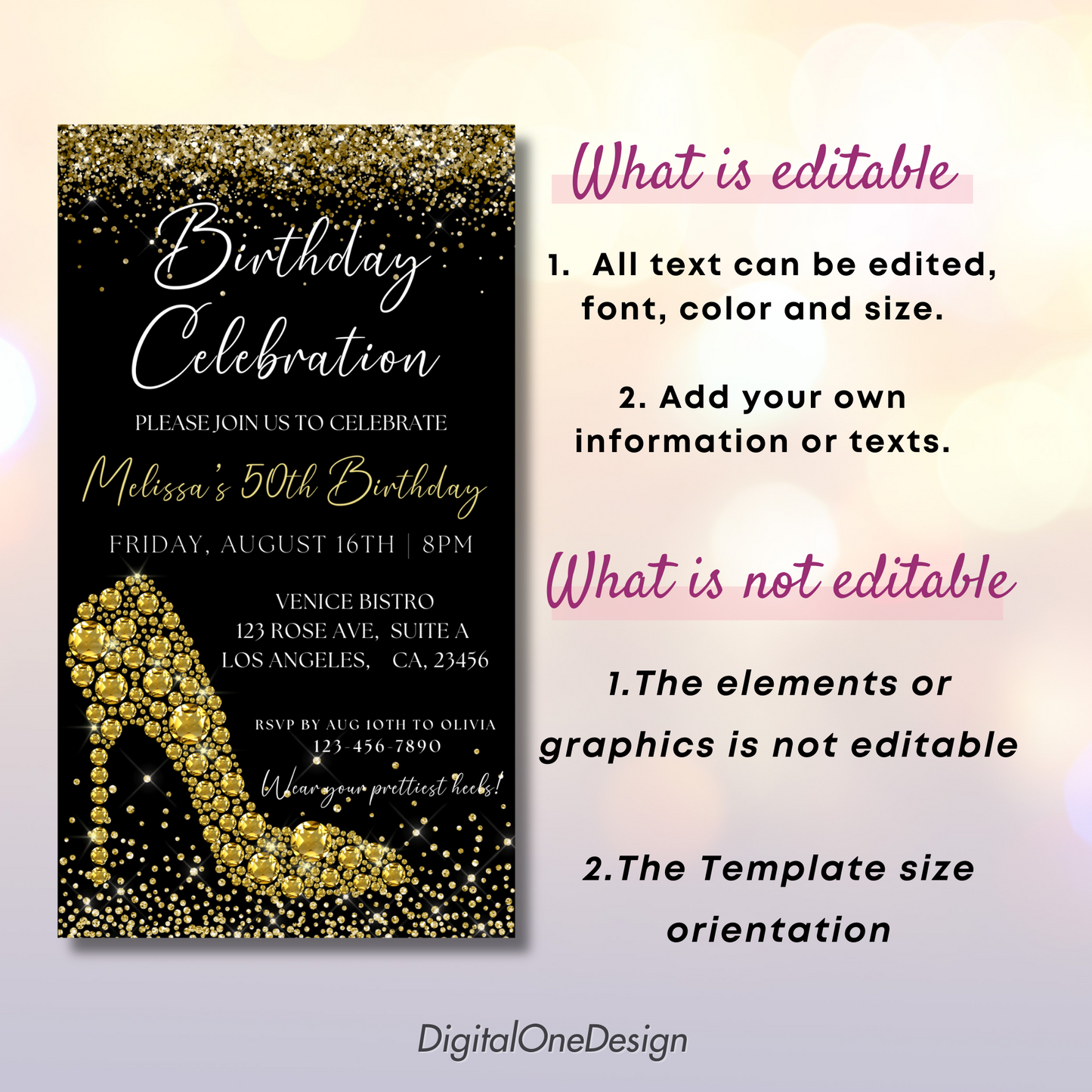 Luxury Gold Diamond High Heel Birthday Invitation