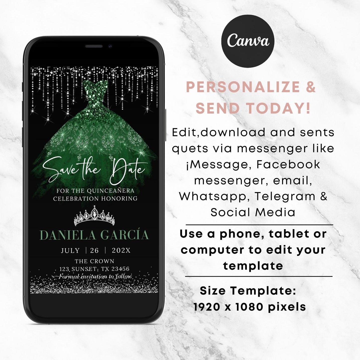 Phone displaying a Emerald green dress with 'Save the Date' text for a quinceañera celebration, on a marble background with Canva branding.