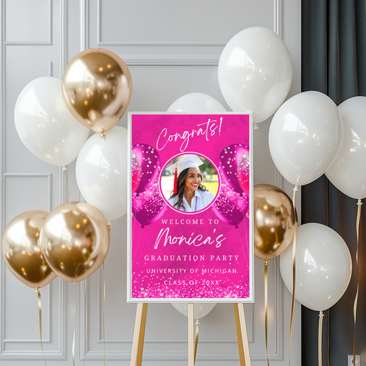 Hot Pink Balloons Graduation Party Welcome Sign with photo, festive decor for graduation celebration, colorful design.