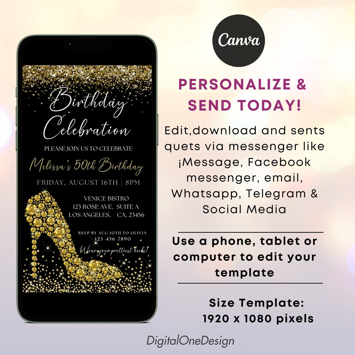 Luxury Gold Diamond High Heel Birthday Invitation
