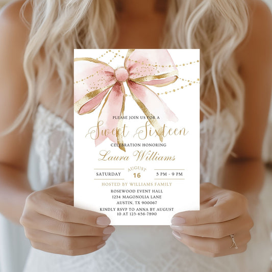 Elegant Coquette Pink Gold Bow Sweet Sixteen Invitation