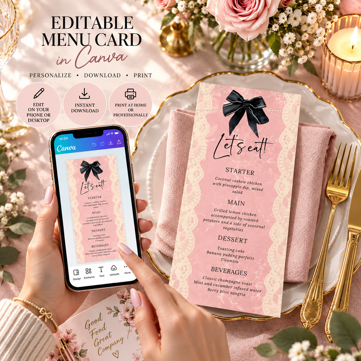 Coquette Lace and Pearls Dinner Menu Card displayed on a table with floral decor and a phone showing editing options.