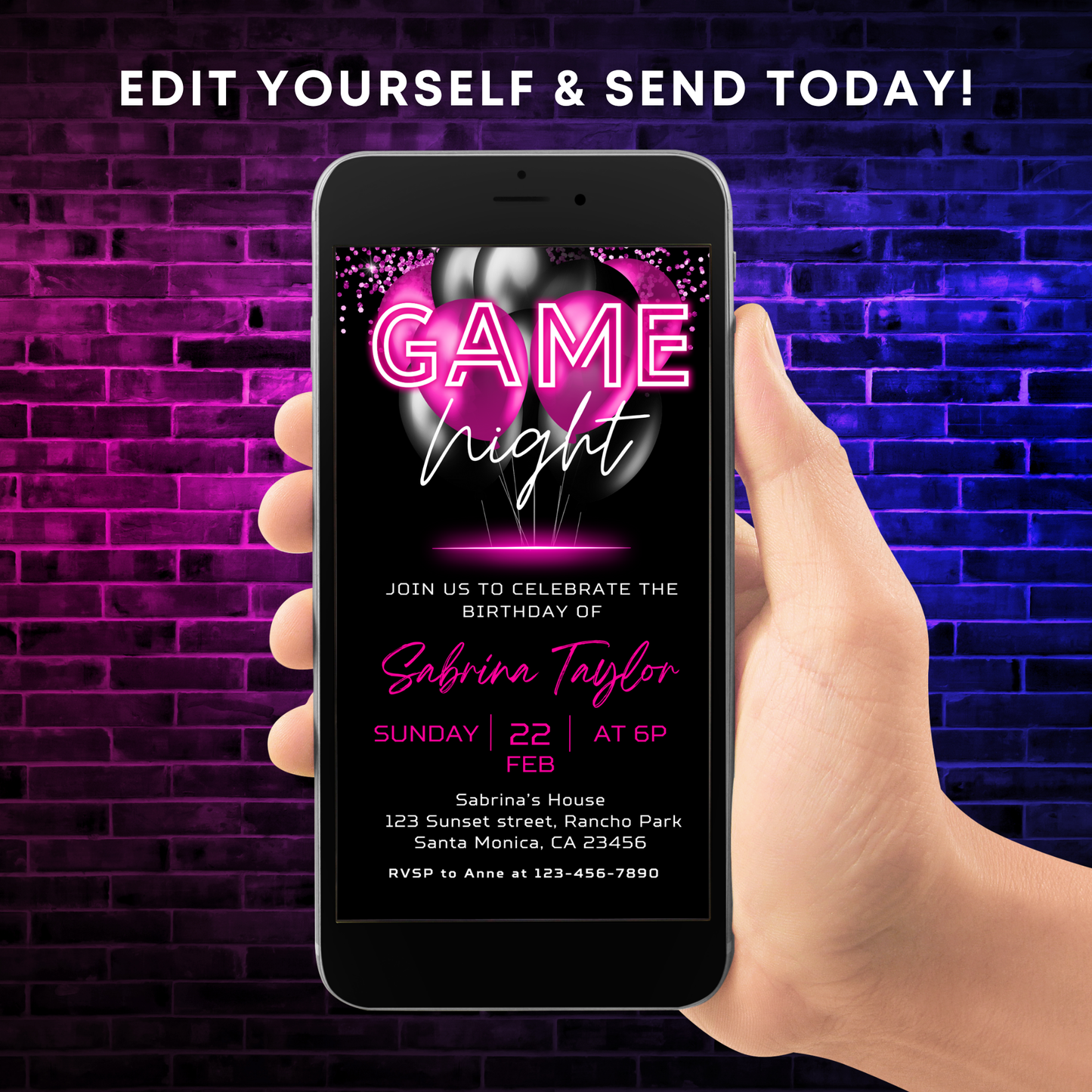Hot Pink Neon Game Night Invitation