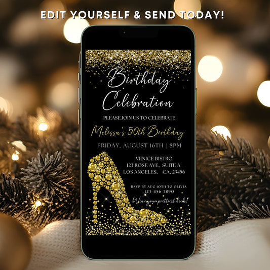Luxury Gold Diamond High Heel Birthday Invitation