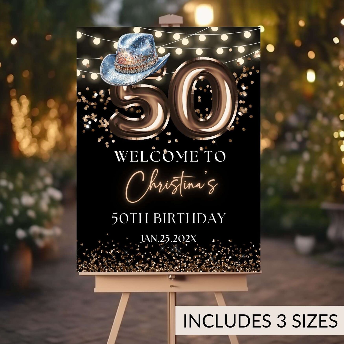 Editable 50th Birthday welcome sign featuring blue hat, bronze balloons, and lights for a stylish party entrance.