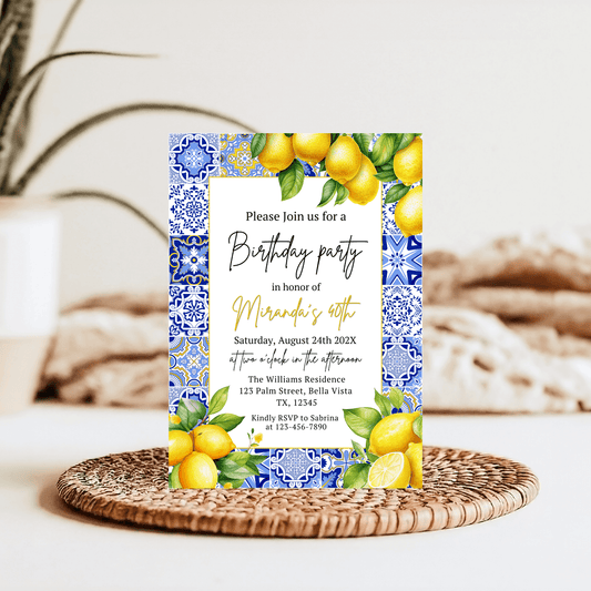 Editable Amalfi Coast Tile Lemon Birthday Invitation, Blue Citrus Printable for Baby Shower or Birthday
