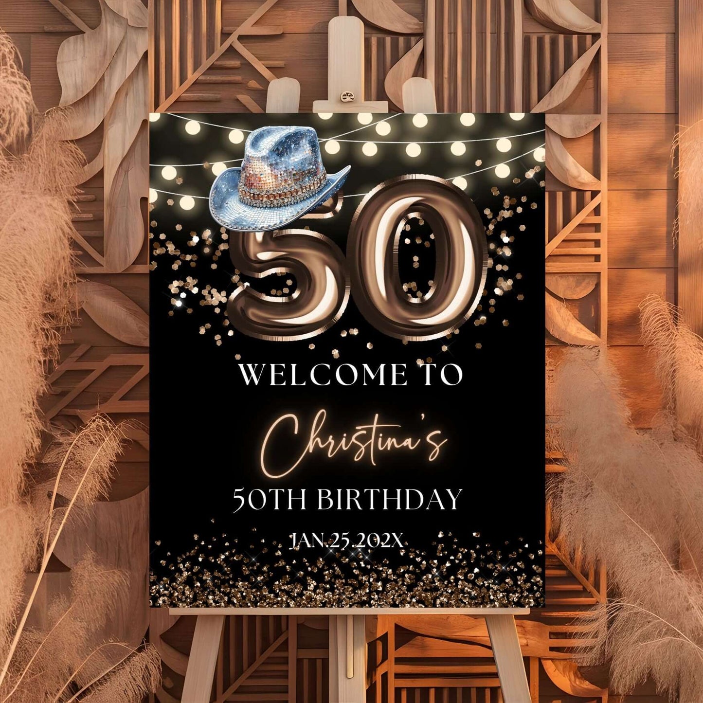 Editable 50th Birthday Welcome Sign with Western blue hat and bronze balloons, perfect for party decoration.