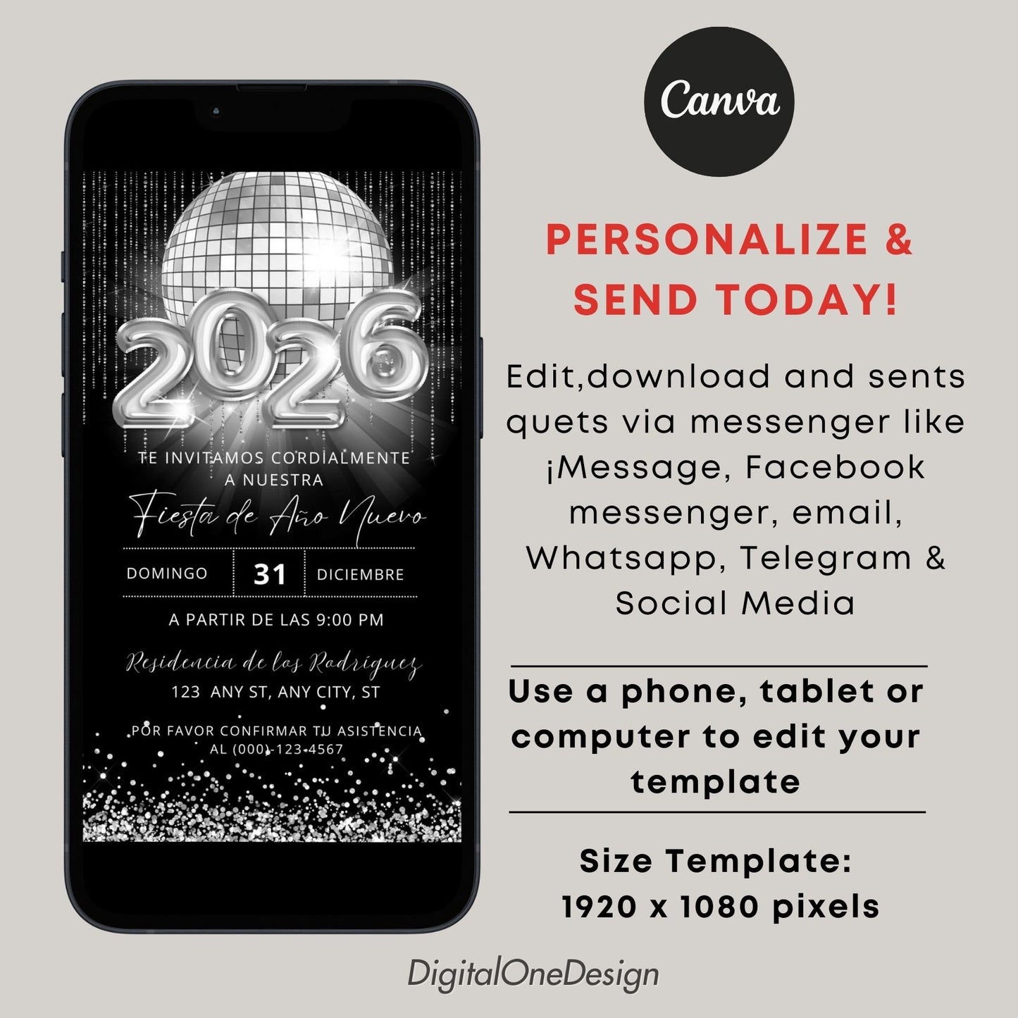 Elegant Spanish 2026 Silver New Year Invitation