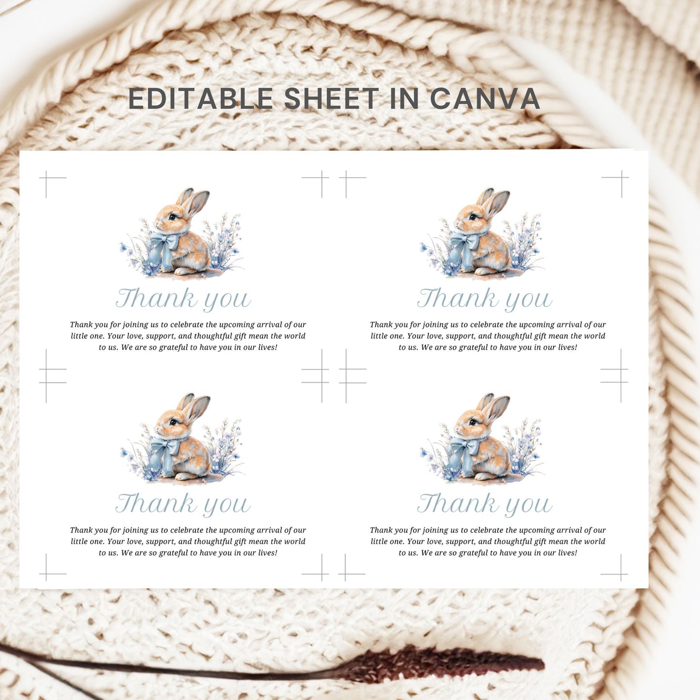 Four instances of a 'Thank you' card with bunnies on a textured beige background.