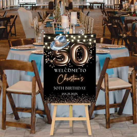 Editable 50th birthday welcome sign with Western blue hat and bronze balloons theme, perfect for celebrations.