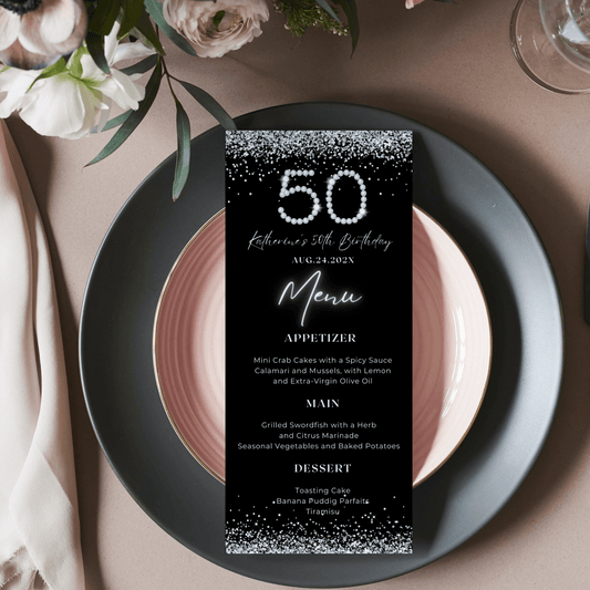 Editable Black and silver Diamond 50th Birthday Menu Card template