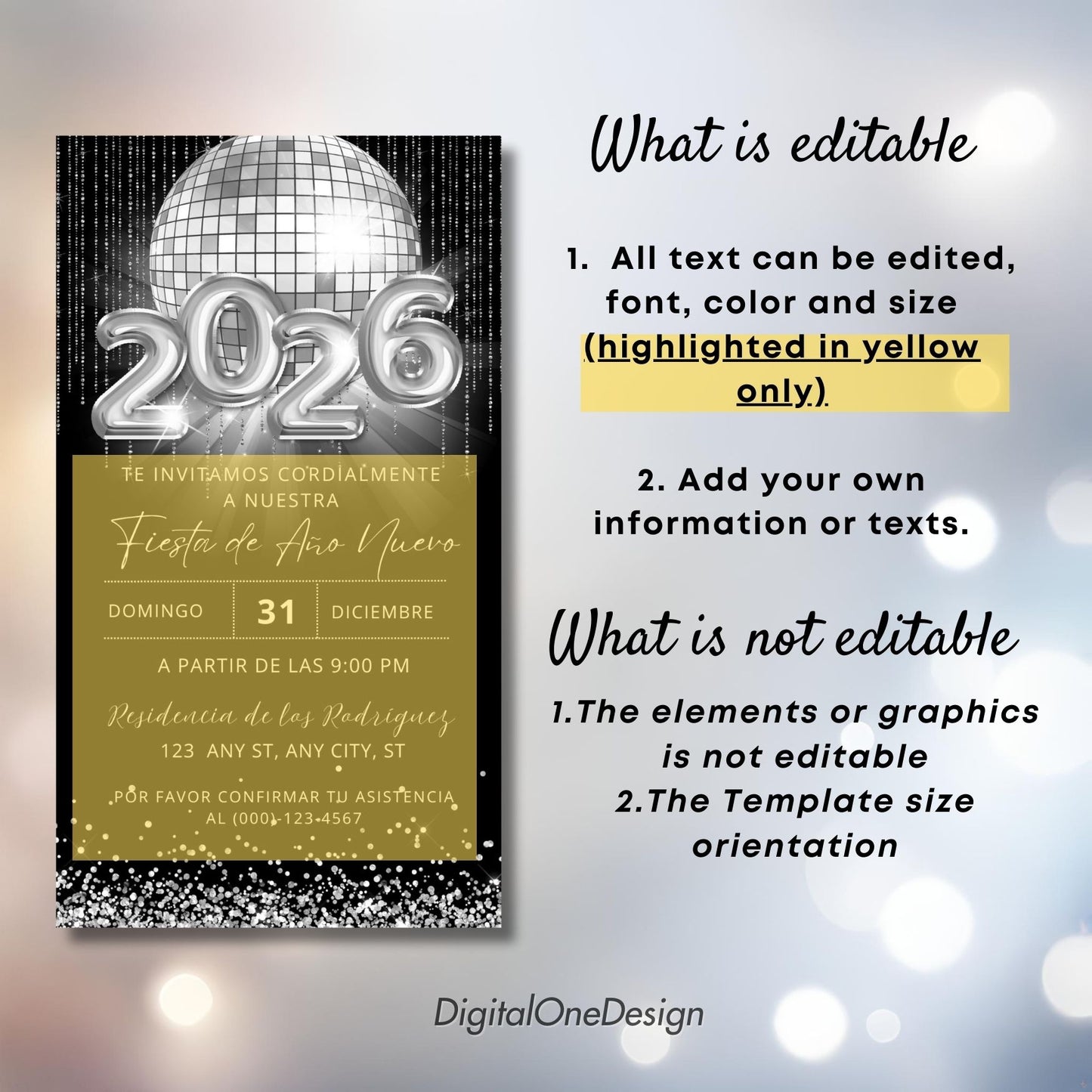 Elegant Spanish 2026 Silver New Year Invitation