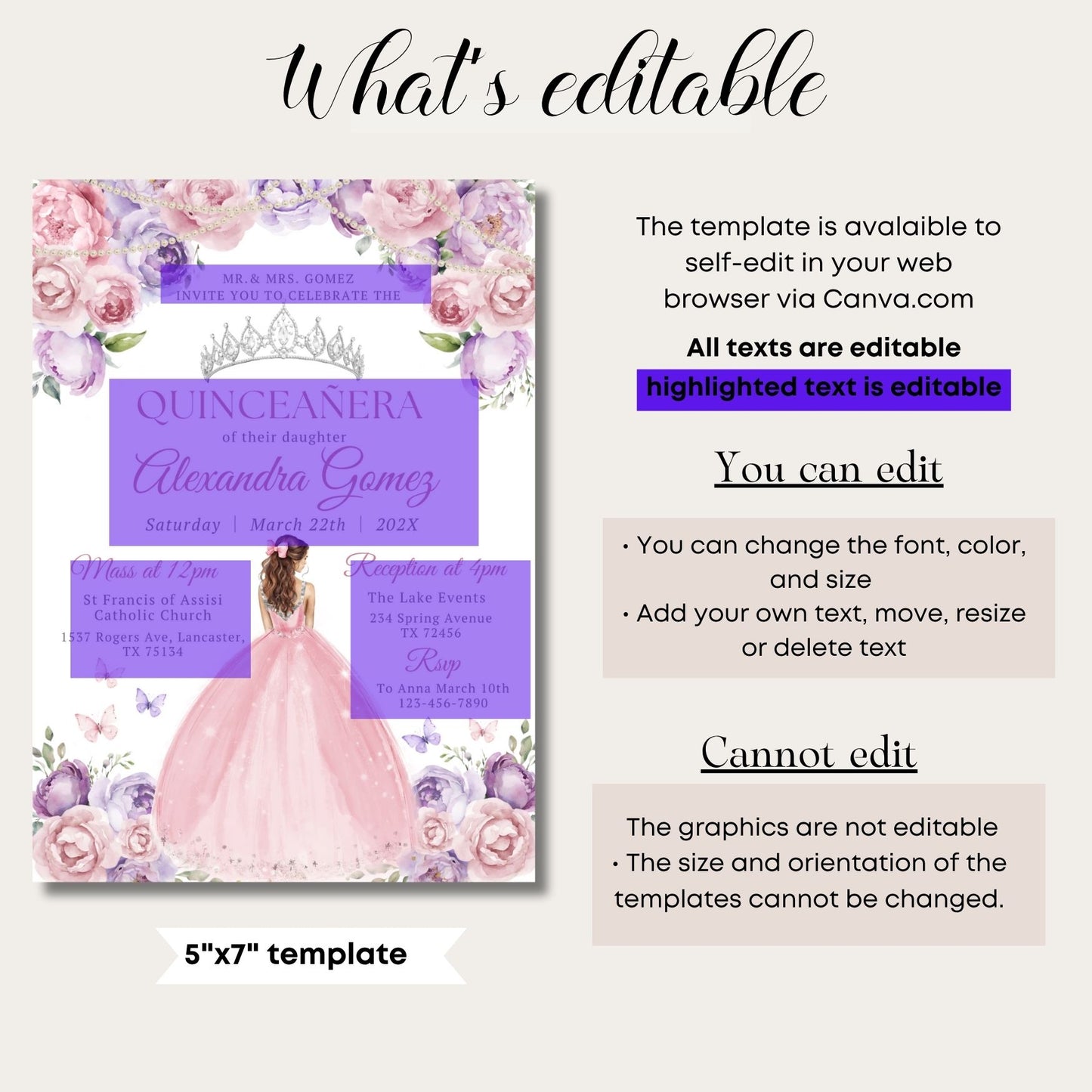 Quinceañera invitation template with floral design and editable text on a white background