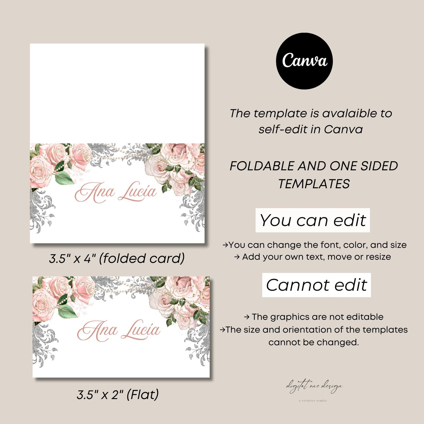 Rose Gold Floral design templates with text on a beige background, featuring Canva branding.