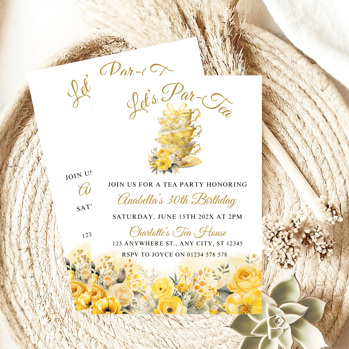 Yellow tea party invitation template