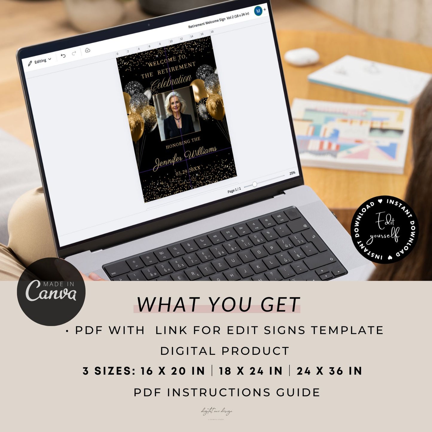 Editable Black and Gold Retirement Welcome Sign with photo