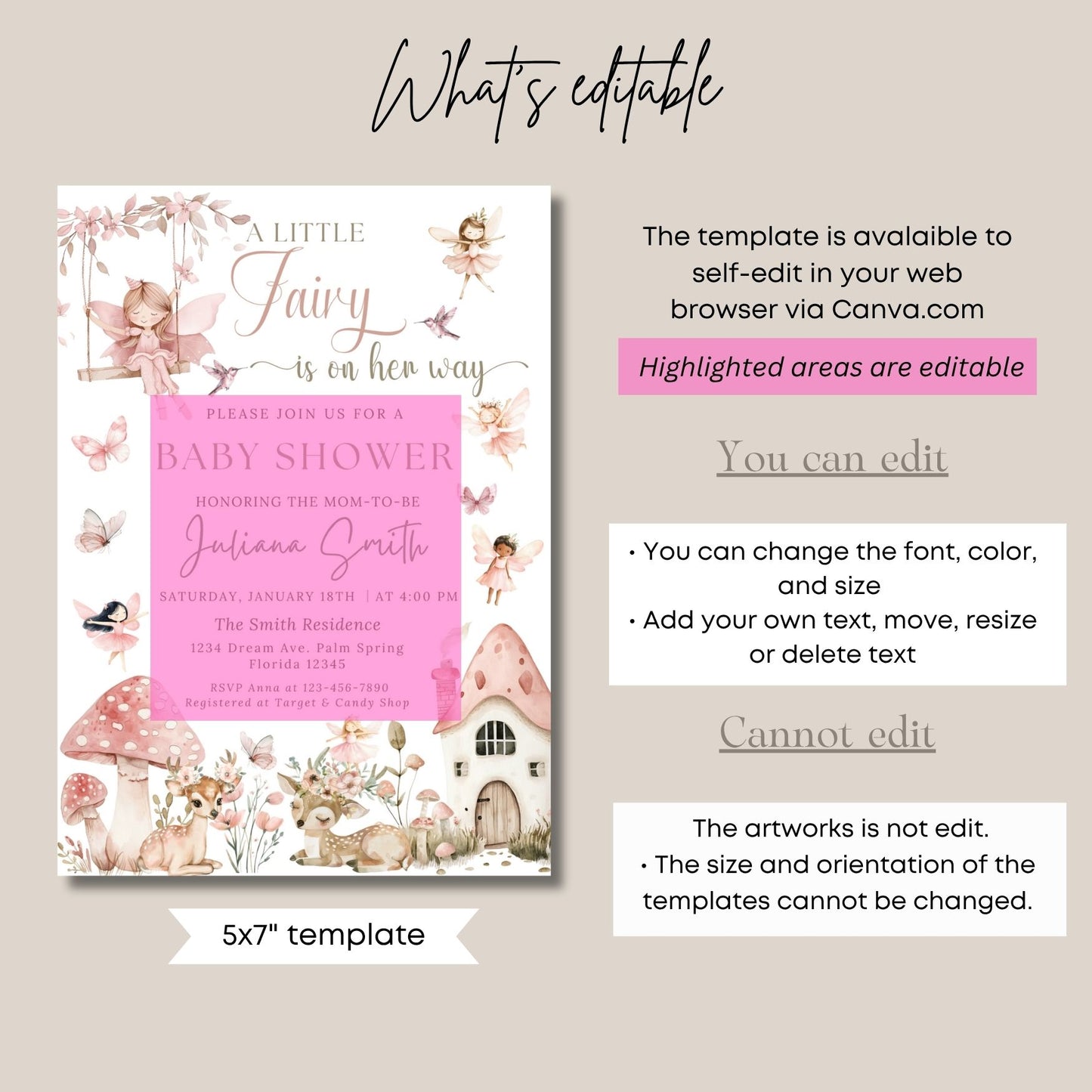 Editable and Printable Baby shower Girl invitation template with fairy elements on a beige background