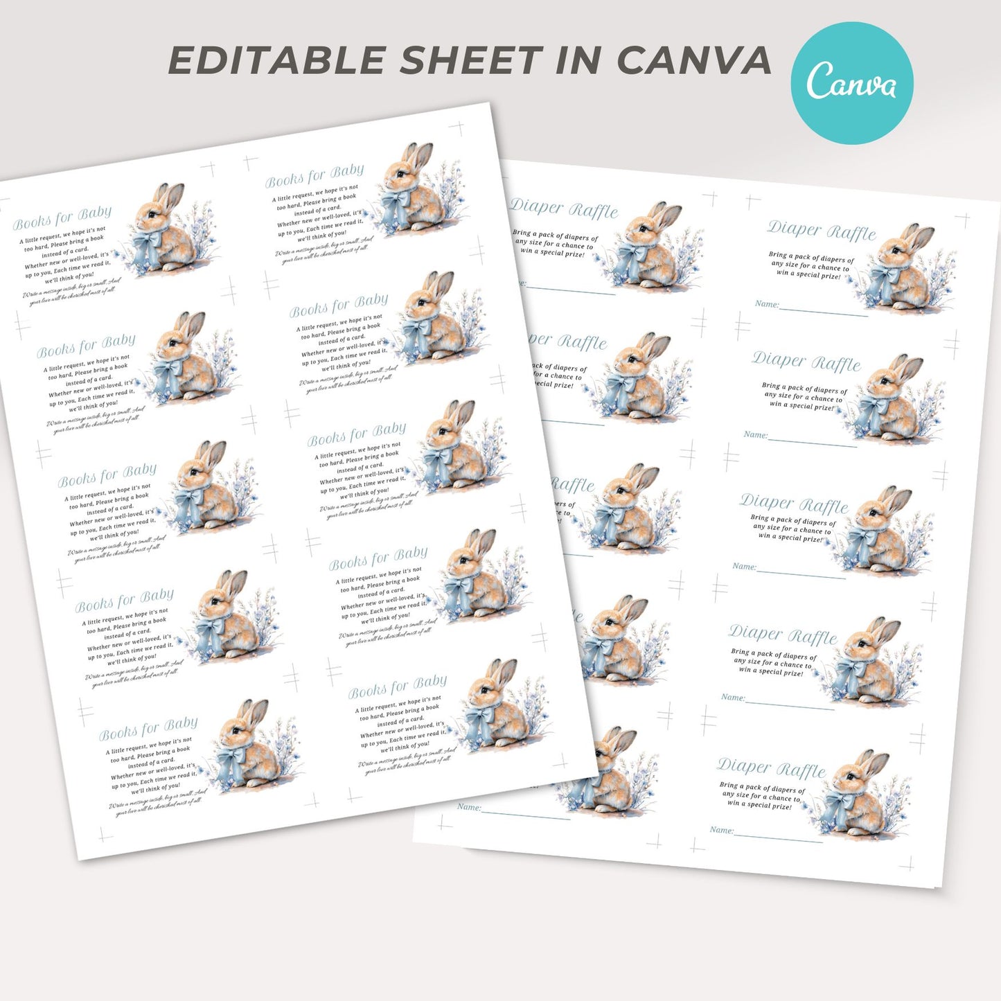 Two sheets of paper with baby shower raffle tickets featuring bunnies and text.