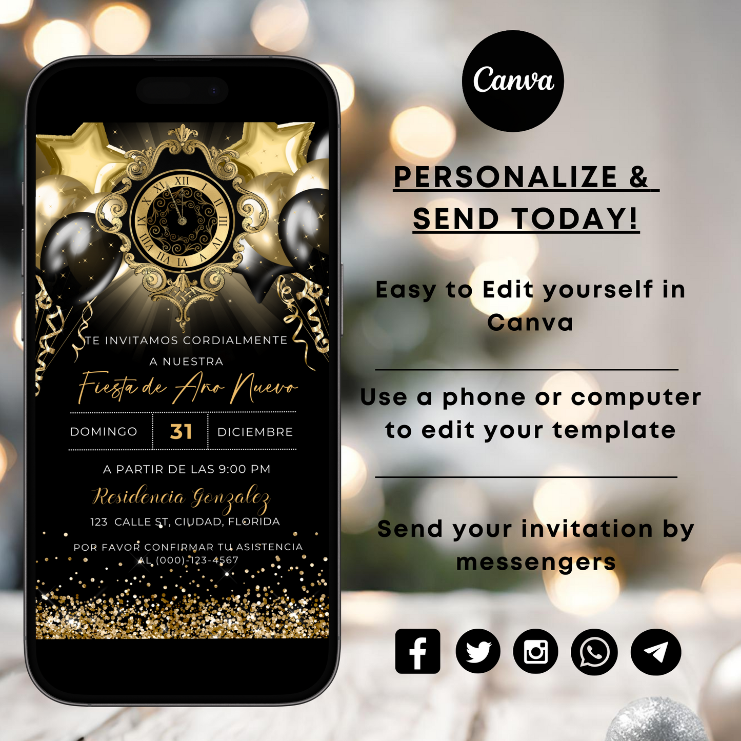 Spanish Gold Glitter Balloons and Clock Digital NYE Invite