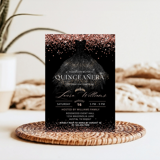 Black and Rose Gold Glitter Princess Quinceañera Invitation