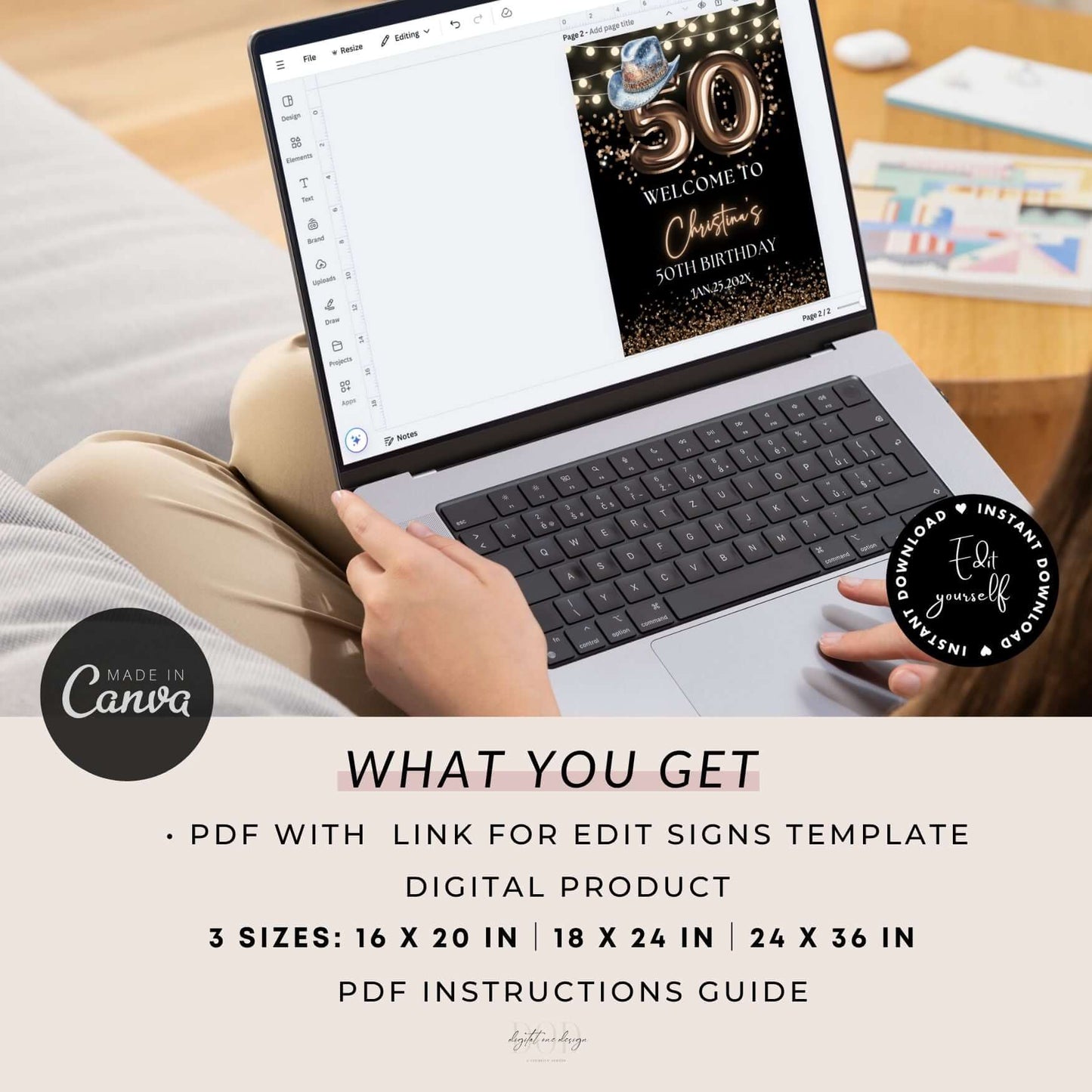 Editable 50th birthday welcome sign template displayed on a laptop, highlighting customization options and size details.