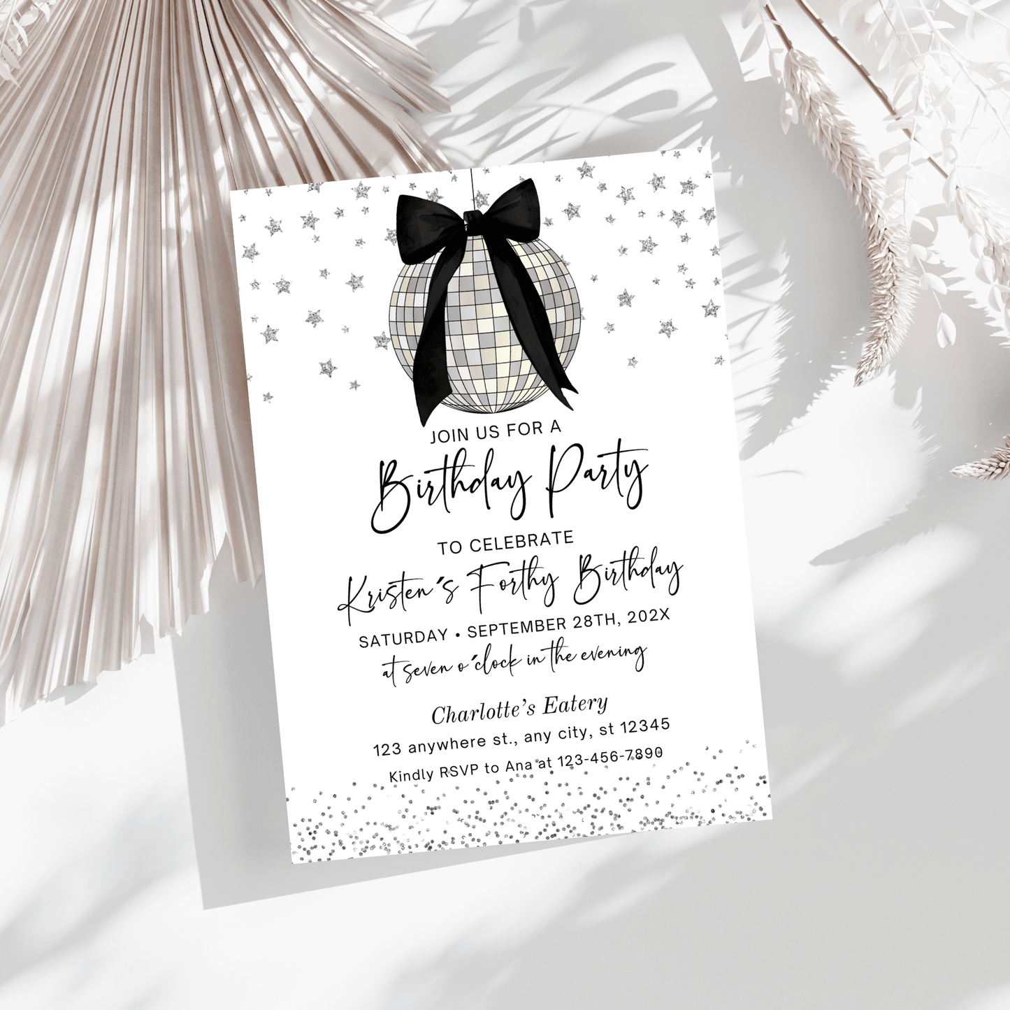 Elegant Black Bow Disco Ball Birthday Invitation