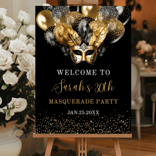 Elegant Black and Gold Masquerade Birthday Party Welcome Sign
