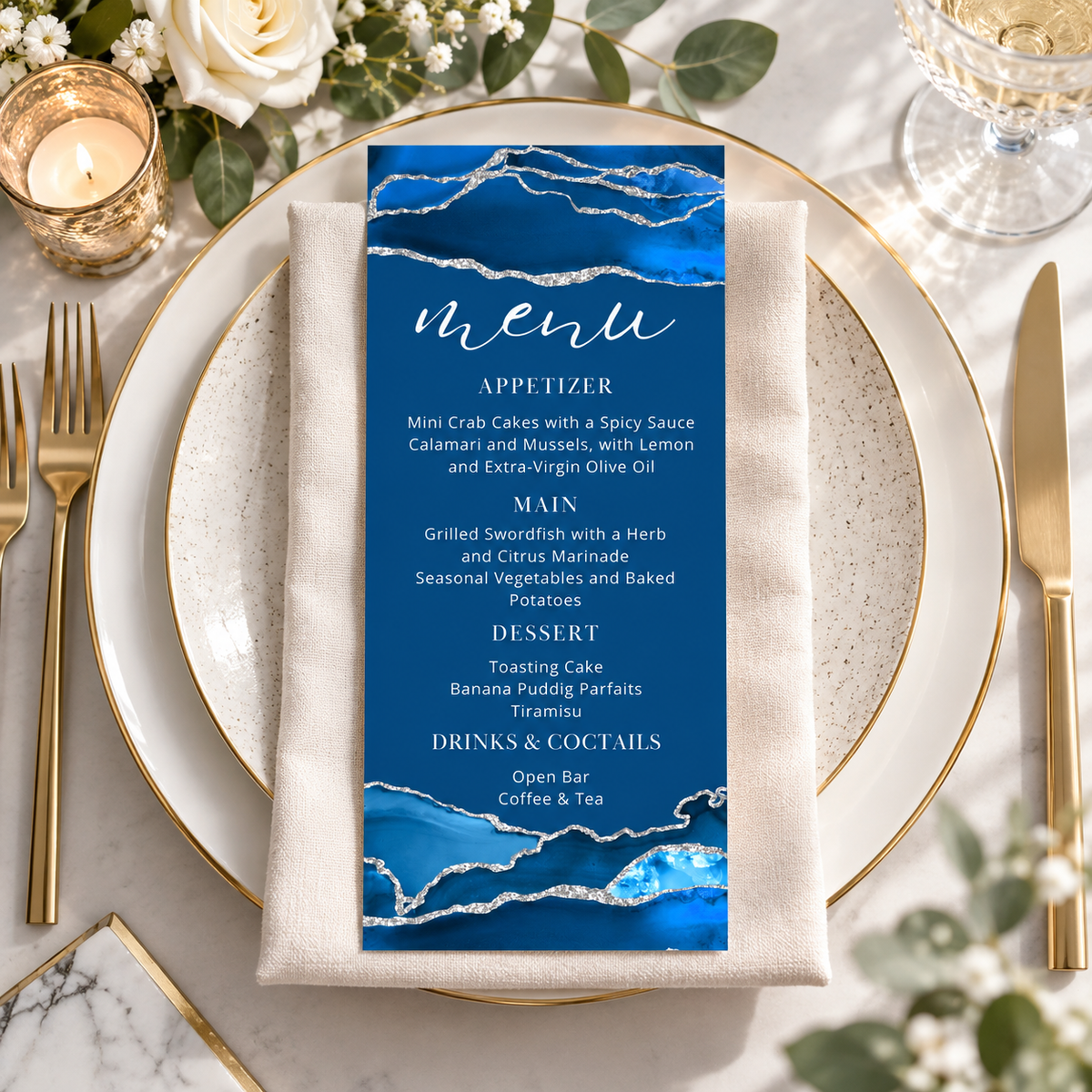 Elegant Royal Blue and silver Dinner Menu Card Template displayed on a decorative plate with stylish cutlery.