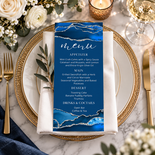 Elegant Royal Blue and silver Dinner Menu Card Template featuring a sophisticated design and elegant watercolor accents.