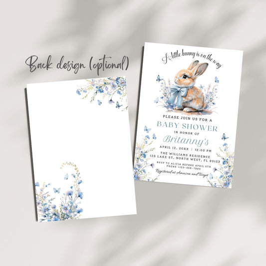 Baby shower invitation with bunny design on a gray background