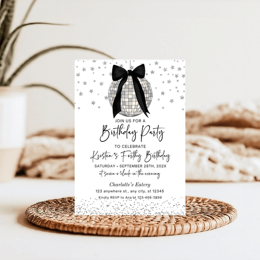 Modern Coquette Black Bow Disco Ball Birthday Invitation