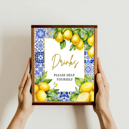 Mediterranean Blue Tile Lemons Drinks Sign Printable