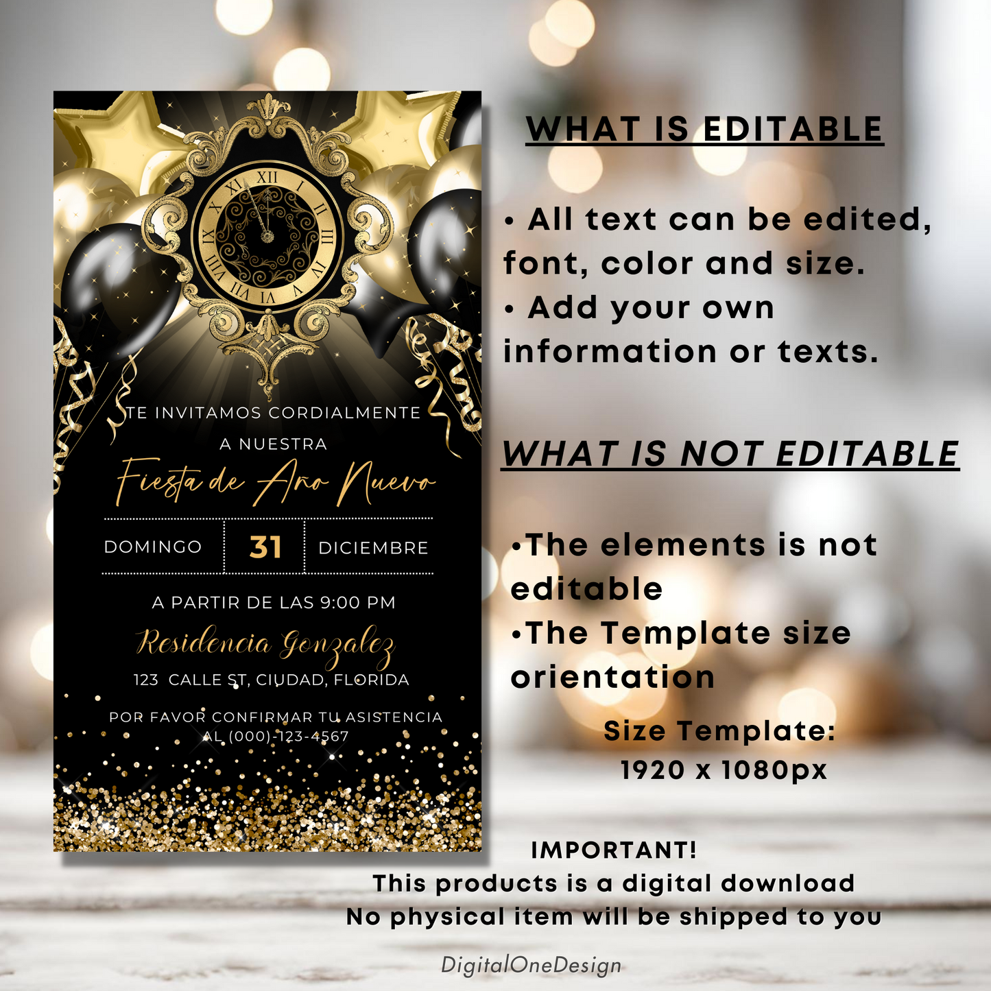 Spanish Gold Glitter Balloons and Clock Digital NYE Invite
